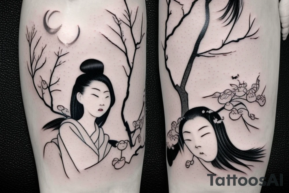 a chinese girl in a japanese landscape with a cherry tree and a temple tattoo idea