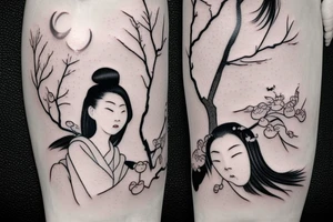 a chinese girl in a japanese landscape with a cherry tree and a temple tattoo idea