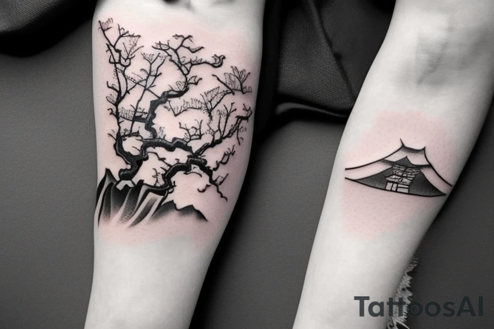 a chinese girl in a japanese landscape with a cherry tree and a temple tattoo idea