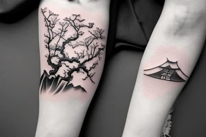 a chinese girl in a japanese landscape with a cherry tree and a temple tattoo idea