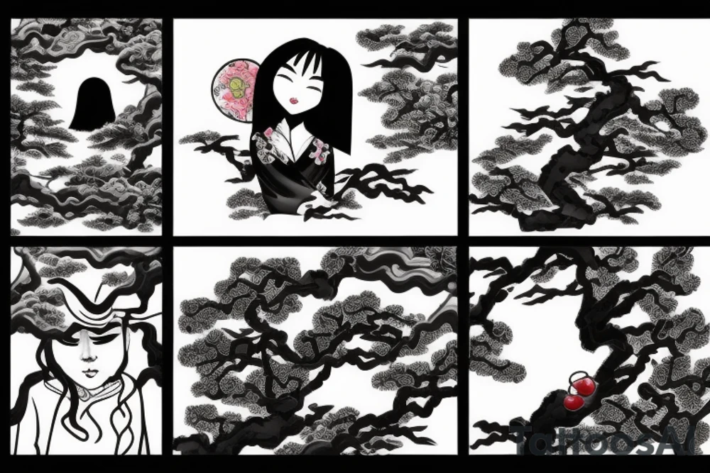 a chinese girl in a japanese landscape with a cherry tree and a temple tattoo idea