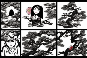 a chinese girl in a japanese landscape with a cherry tree and a temple tattoo idea