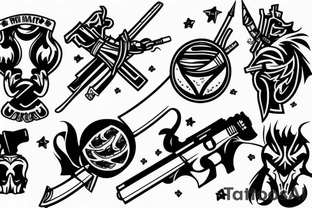 Pistol,volleyball,warrior,rifle,sword,Cait tattoo idea
