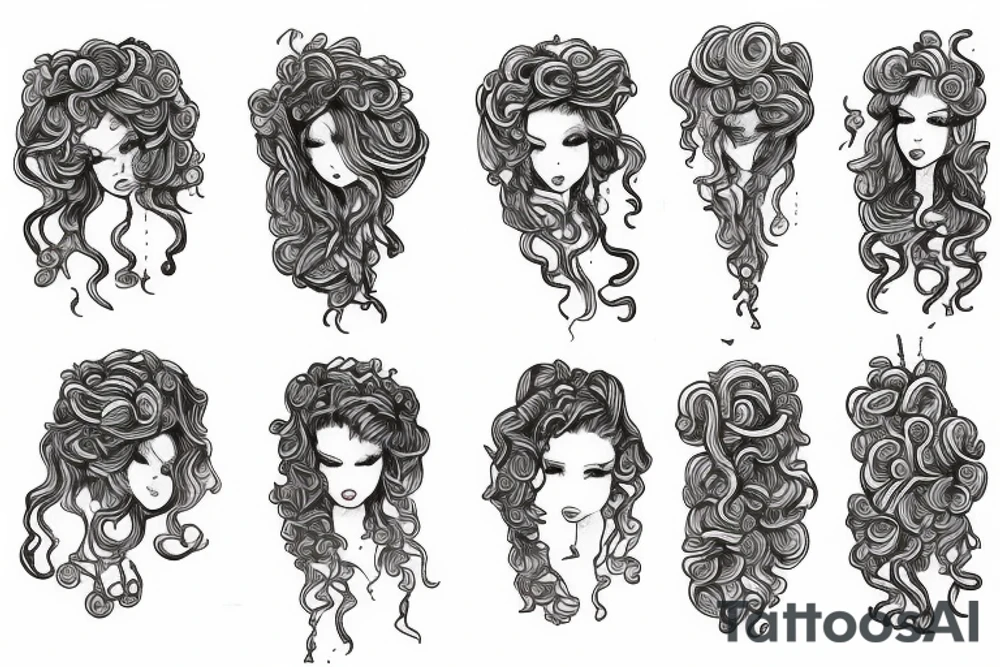 a sketch person hanging from a curly hair rope tattoo idea