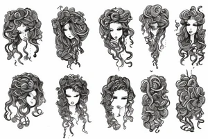a sketch person hanging from a curly hair rope tattoo idea