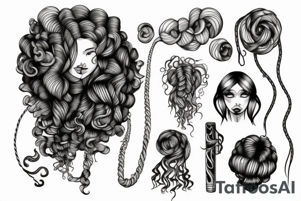 a sketch person hanging from a curly hair rope tattoo idea