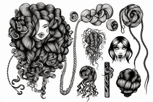 a sketch person hanging from a curly hair rope tattoo idea