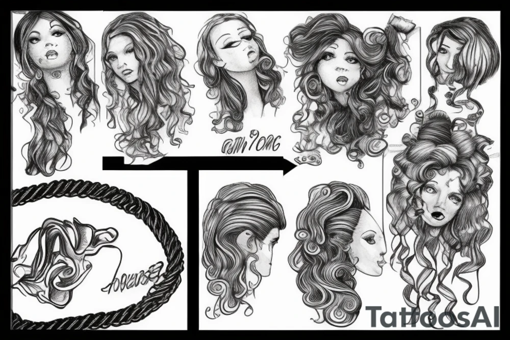 a sketch person hanging himself from a curly hair rope tattoo idea