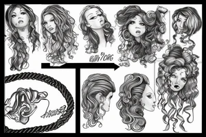 a sketch person hanging himself from a curly hair rope tattoo idea