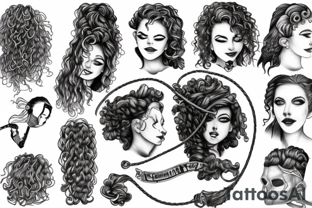 a sketch person hanging himself from a curly hair rope tattoo idea