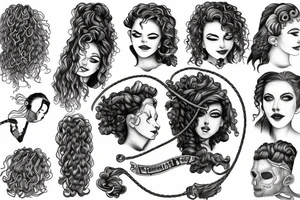 a sketch person hanging himself from a curly hair rope tattoo idea