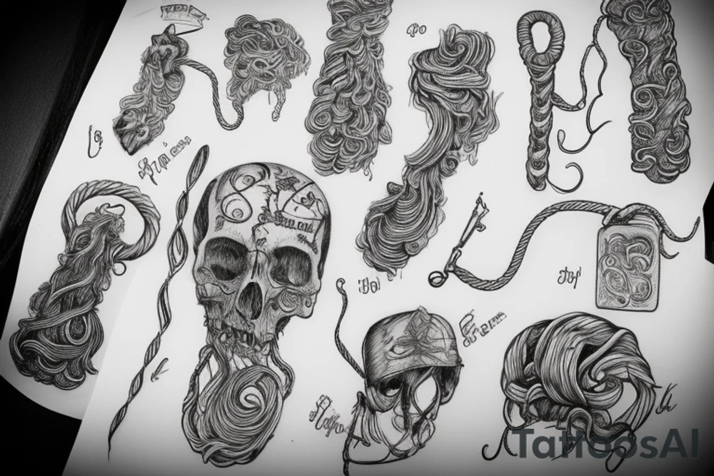 a sketch person hanging himself from a curly
 rope tattoo idea