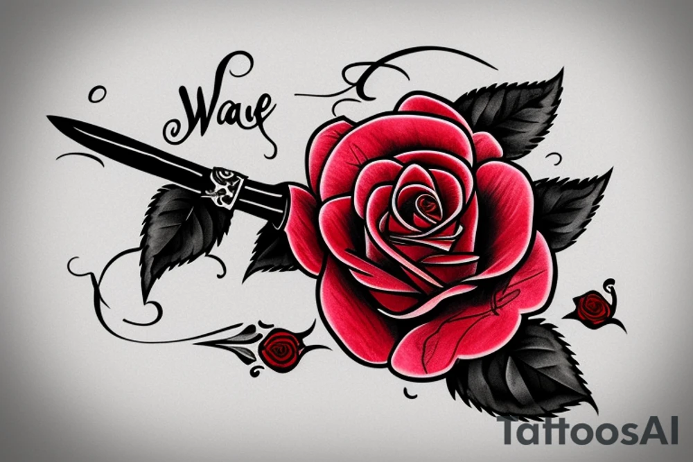 A rose with a bloody dagger through it surrounded by the quote "Dying is the only way you'll let me love you" tattoo idea
