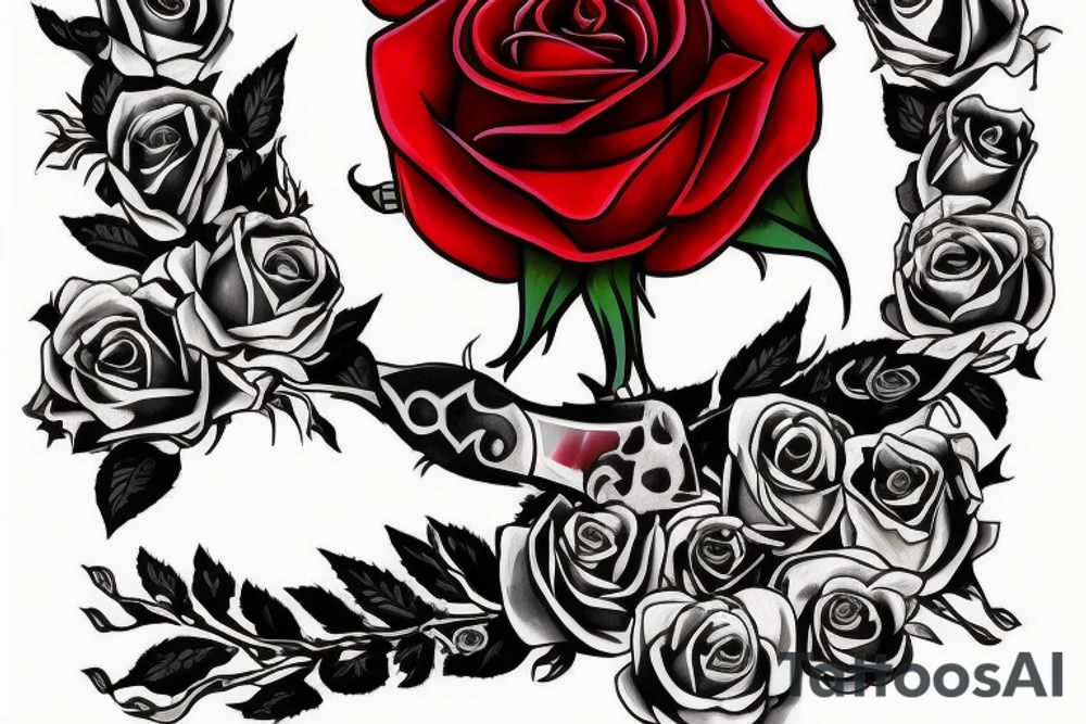 A rose with a bloody dagger through it surrounded by the quote "Dying is the only way you'll let me love you" tattoo idea
