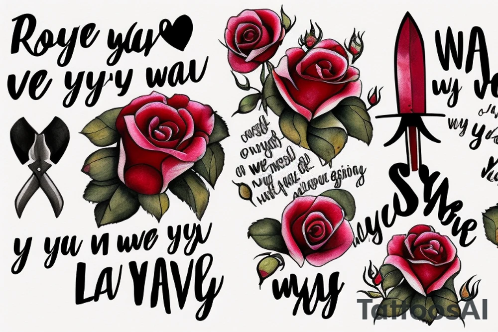 A rose with a bloody dagger through it surrounded by the quote "Dying is the only way you'll let me love you" tattoo idea