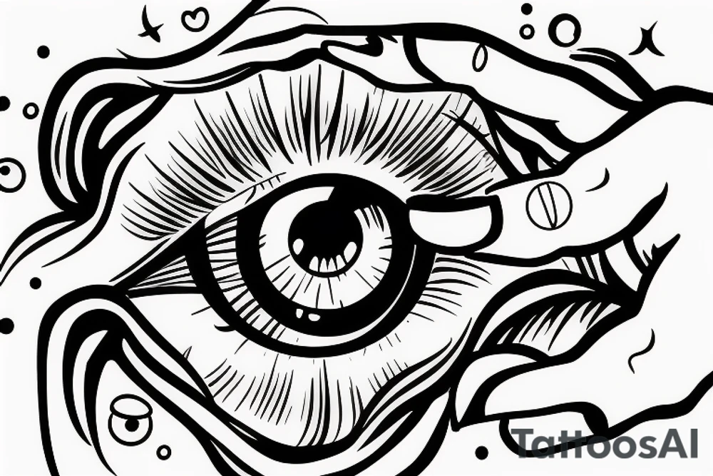 A hand holding an eyeball in front of a seductive mouth tattoo idea
