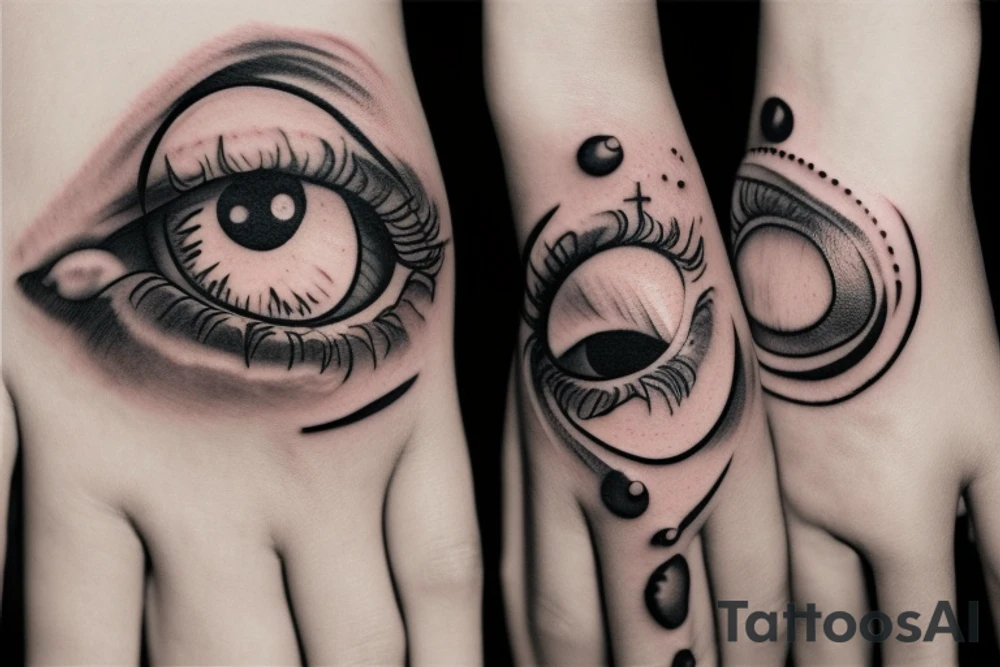 A hand holding an eyeball in front of a seductive mouth tattoo idea