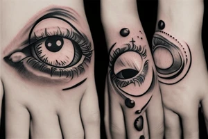 A hand holding an eyeball in front of a seductive mouth tattoo idea
