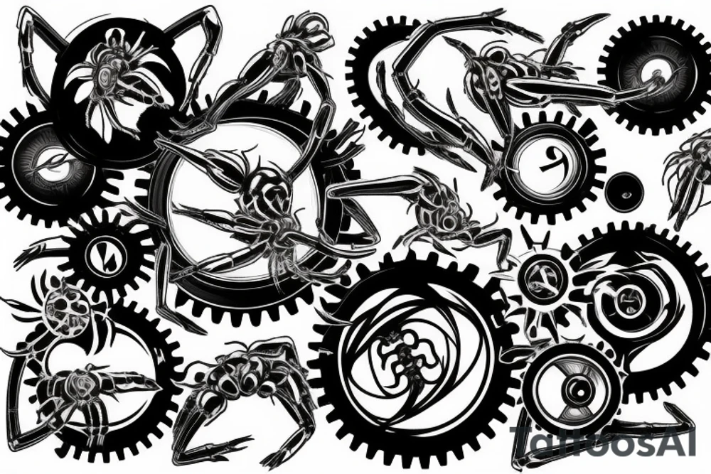 black circuit spider cog tattoo idea