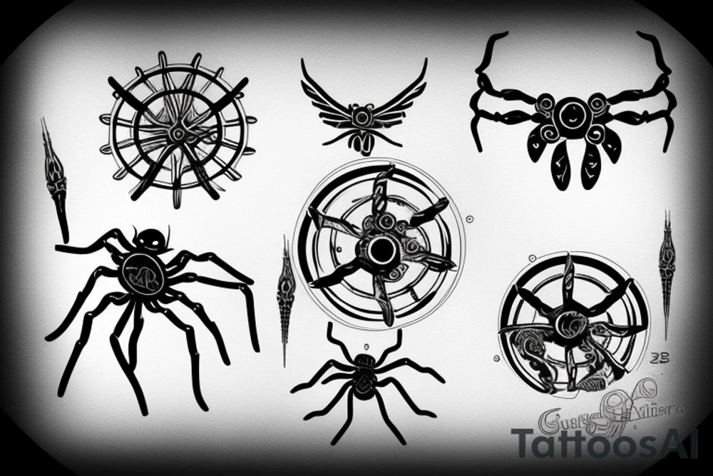 black circuit spider cog tattoo idea