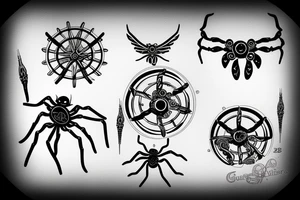 black circuit spider cog tattoo idea