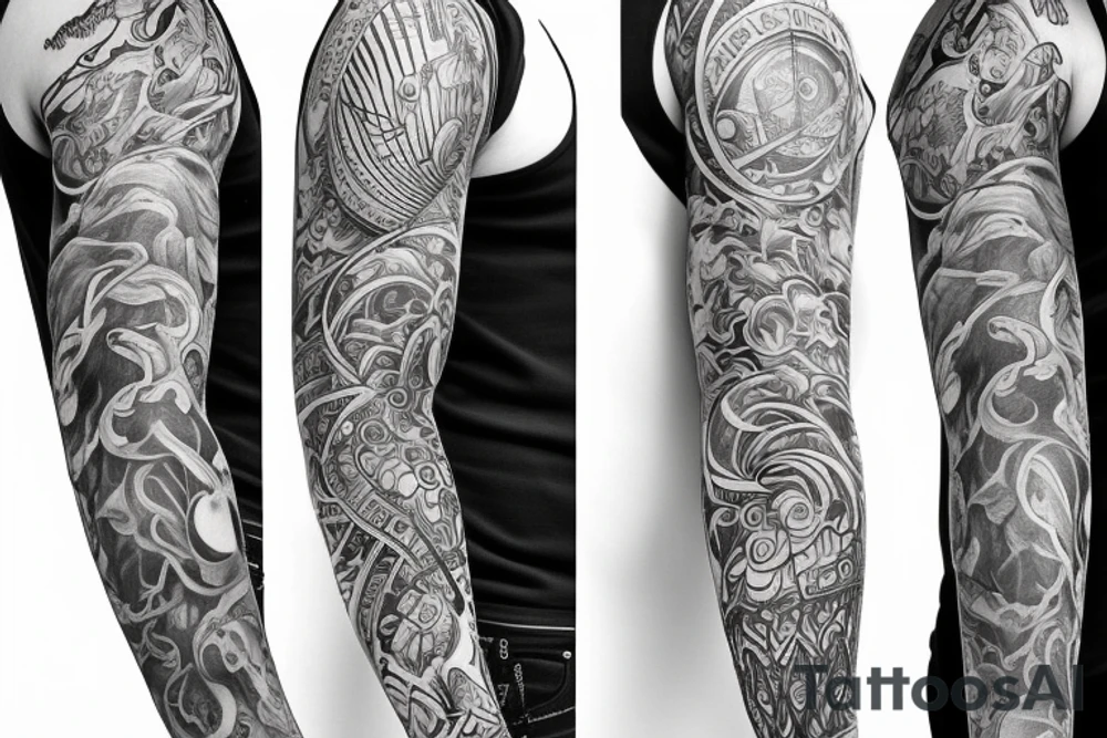 Sleeve design showing the outdoors and passing of time tattoo idea