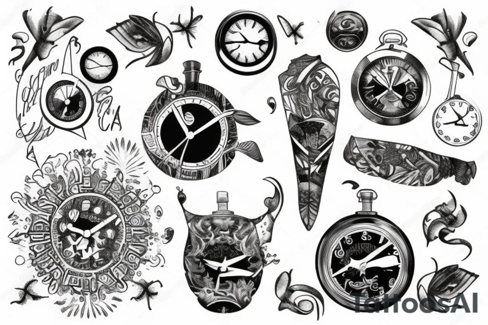Sleeve design showing the outdoors and passing of time tattoo idea