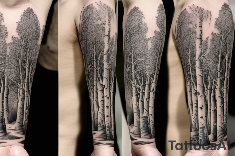 Sleeve design showing aspens trees and changes over time tattoo idea