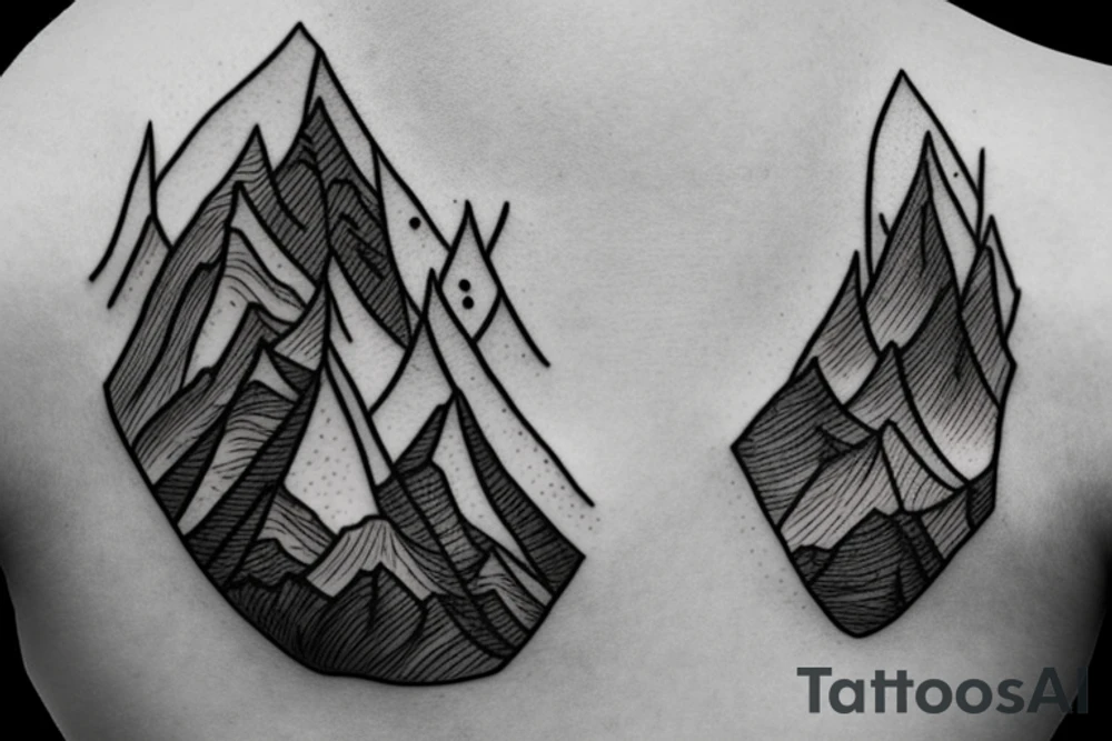 Shoulder blade piece with mountains trees and symbolizing loss and regrowth tattoo idea