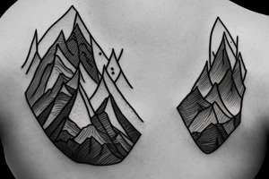 Shoulder blade piece with mountains trees and symbolizing loss and regrowth tattoo idea