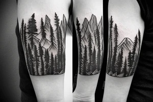 Shoulder blade piece with mountains trees and symbolizing loss and regrowth tattoo idea