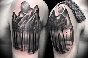 Shoulder blade piece with mountains trees and symbolizing loss and regrowth tattoo idea