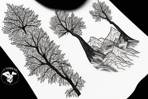 Shoulder blade piece with mountains trees and symbolizing loss and regrowth tattoo idea