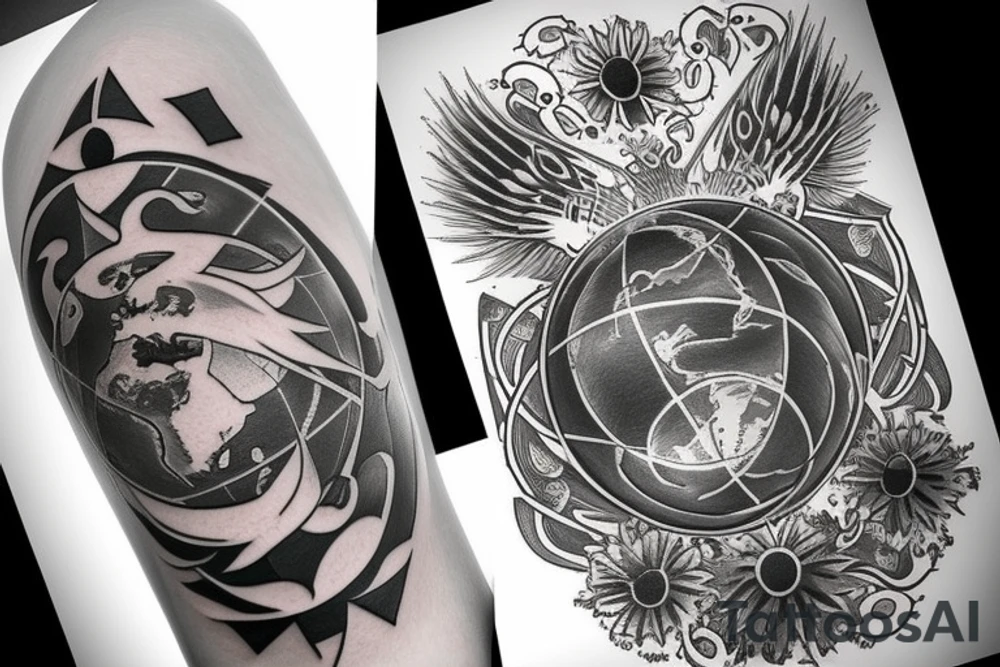 a globe in the middle with two white doves flying above, clouds on top with a sun shining in the middle, on the bottom there are white flames with demon faces hidden into it tattoo idea