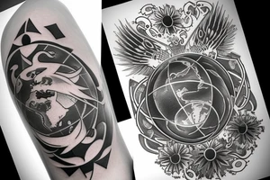 a globe in the middle with two white doves flying above, clouds on top with a sun shining in the middle, on the bottom there are white flames with demon faces hidden into it tattoo idea