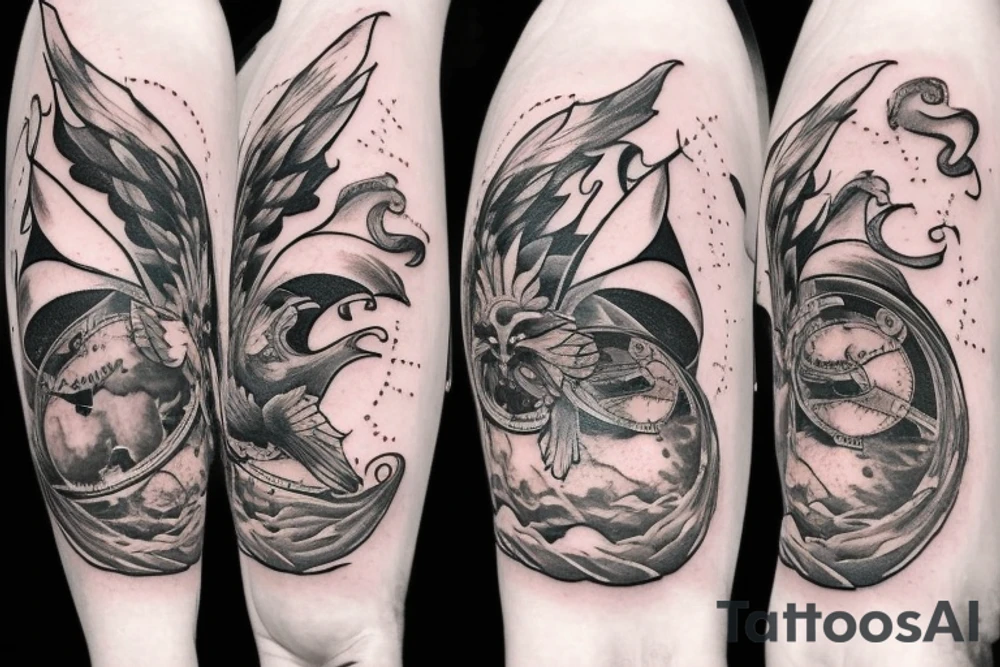a globe in the middle with two white doves flying above, clouds on top with a sun shining in the middle, on the bottom there are white flames with demon faces hidden into it tattoo idea