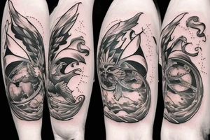a globe in the middle with two white doves flying above, clouds on top with a sun shining in the middle, on the bottom there are white flames with demon faces hidden into it tattoo idea