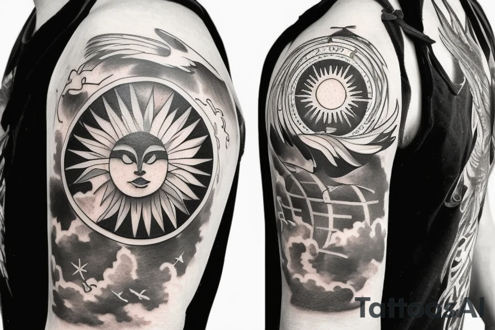a globe in the middle with two white doves flying above, clouds on top with a sun shining in the middle, on the bottom there are white flames with demon faces hidden into it tattoo idea