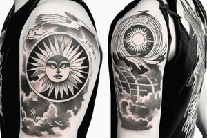 a globe in the middle with two white doves flying above, clouds on top with a sun shining in the middle, on the bottom there are white flames with demon faces hidden into it tattoo idea