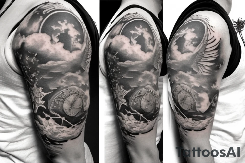 a globe in the middle with two white doves flying above, clouds on top with a sun shining in the middle, on the bottom there are white flames with demon faces hidden into it tattoo idea
