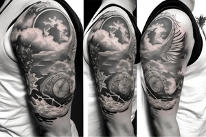 a globe in the middle with two white doves flying above, clouds on top with a sun shining in the middle, on the bottom there are white flames with demon faces hidden into it tattoo idea