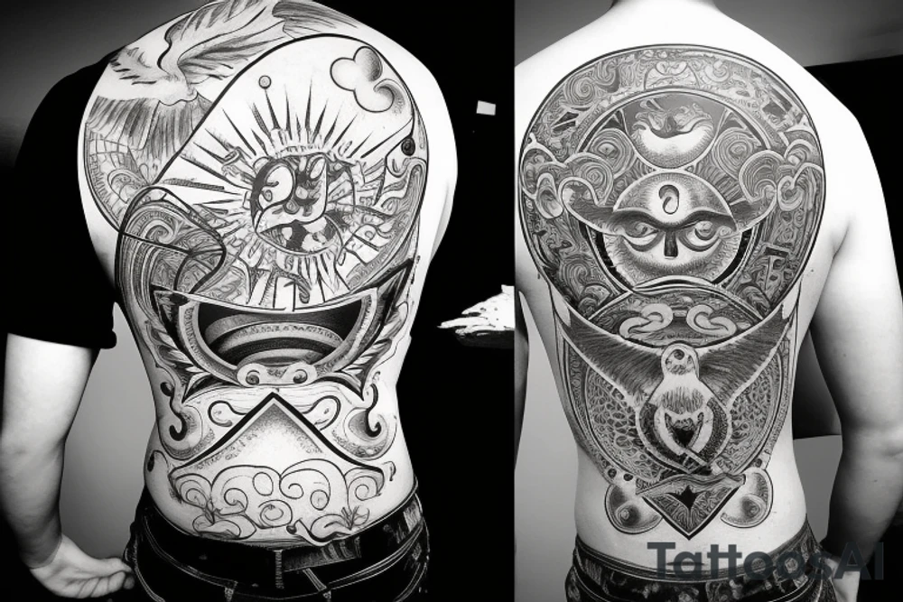 back tattoo with a globe in the middle with two white doves flying above, clouds on top with a sun shining in the middle, on the bottom there are white flames with demon faces hidden into it tattoo idea