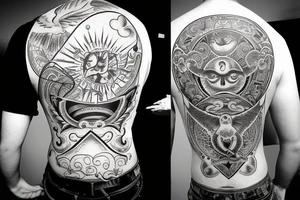 back tattoo with a globe in the middle with two white doves flying above, clouds on top with a sun shining in the middle, on the bottom there are white flames with demon faces hidden into it tattoo idea