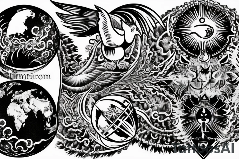 back tattoo with a globe in the middle with two white doves flying above, clouds on top with a sun shining in the middle, on the bottom there are white flames with demon faces hidden into it tattoo idea