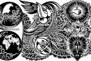 back tattoo with a globe in the middle with two white doves flying above, clouds on top with a sun shining in the middle, on the bottom there are white flames with demon faces hidden into it tattoo idea