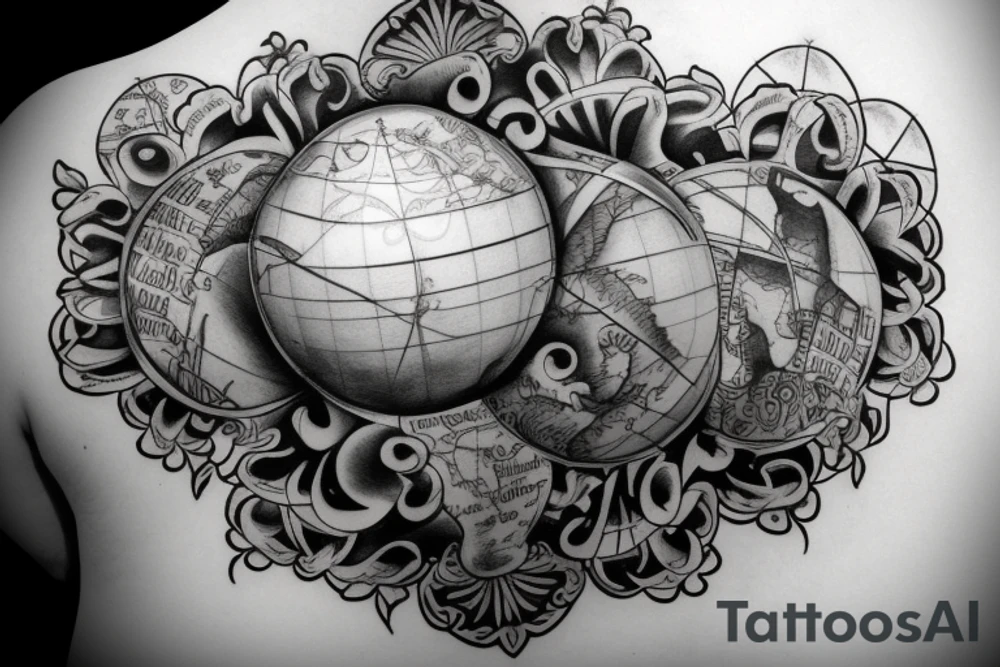 back tattoo with a globe in the middle with two white doves flying from it into clouds above tattoo idea