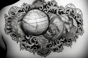 back tattoo with a globe in the middle with two white doves flying from it into clouds above tattoo idea