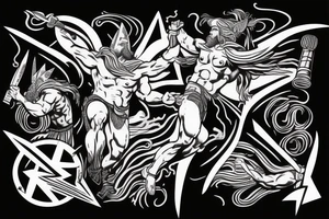 Zeus throwing lightning bolt to Thor with hammer tattoo idea