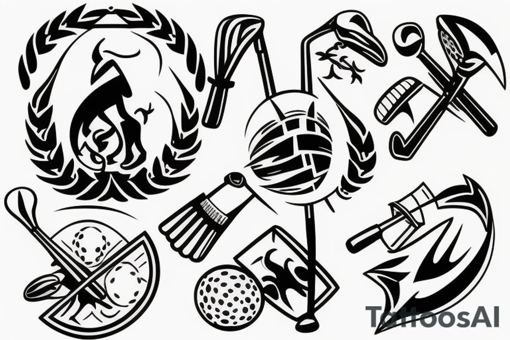 A family crest made of golf clubs tattoo idea