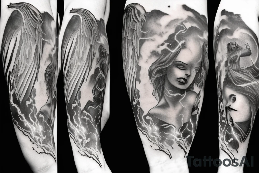 Fallen angel with lightning and clouds tattoo idea Fallen angel with lightning and clouds tattoo idea